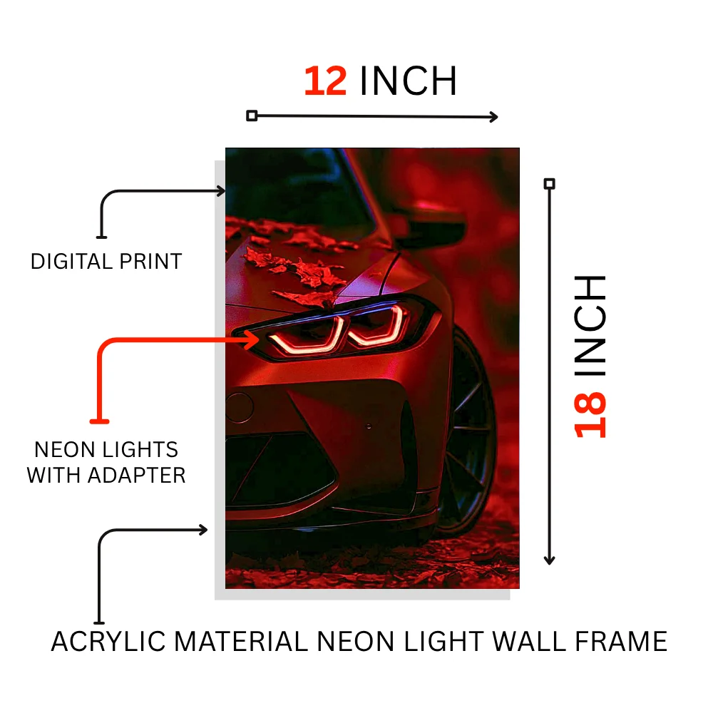 Djane Studio Neon Wall Frame | Acrylic Neon Car Frame for Living Room, Bedroom, Office & Gaming Room | Modern Home Décor | Pack of 1 | Size 12x18 Inch